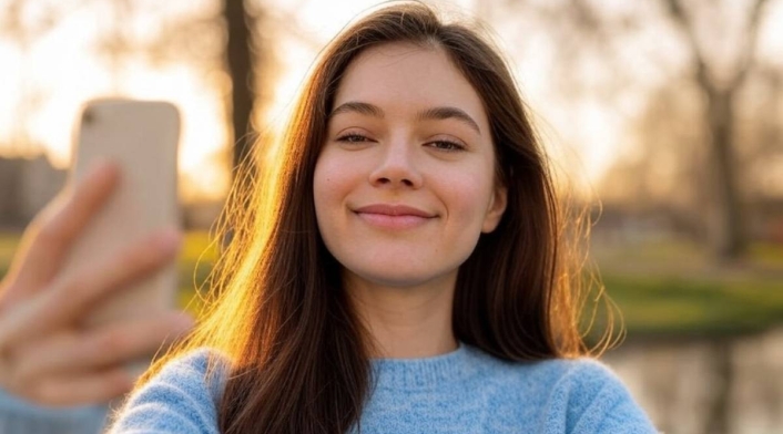 Una mujer tomándose una selfie Una mujer tomándose una selfie