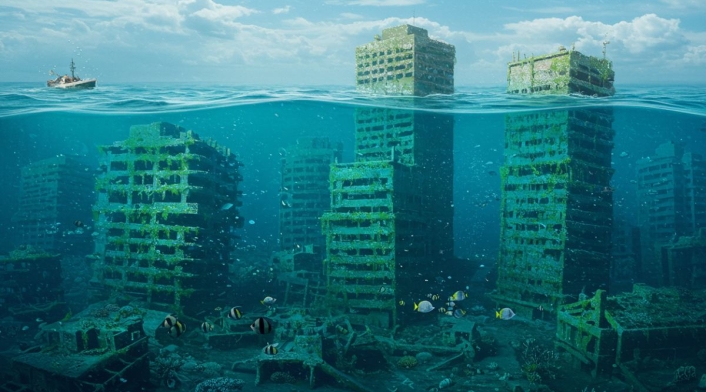 Ilustración de una ciudad bajo el agua Ciudad bajo el agua