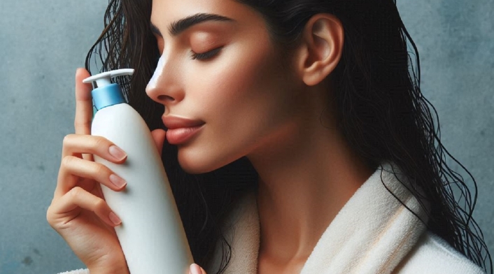 Mujer olfateando shampoo antes de una ducha Mujer olfateando shampoo antes de una ducha