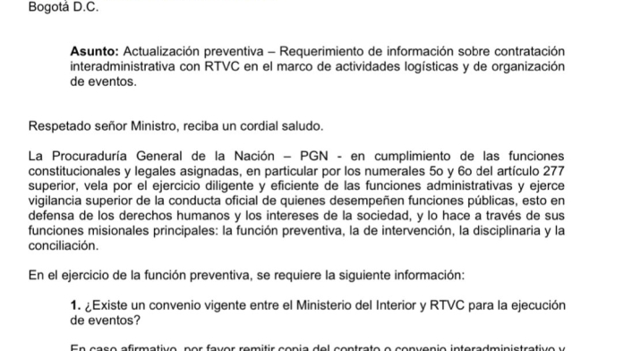 Procuraduría pide explicaciones a Benedetti por contrato firmado entre Mininterior y RTVC