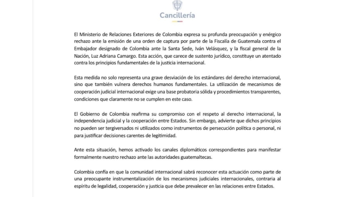 Cancillería se pronuncia ante orden de captura de Iván Velásquez y Luz Adriana Camargo Cancillería se pronuncia ante orden de captura de Iván Velásquez y Luz Adriana Camargo