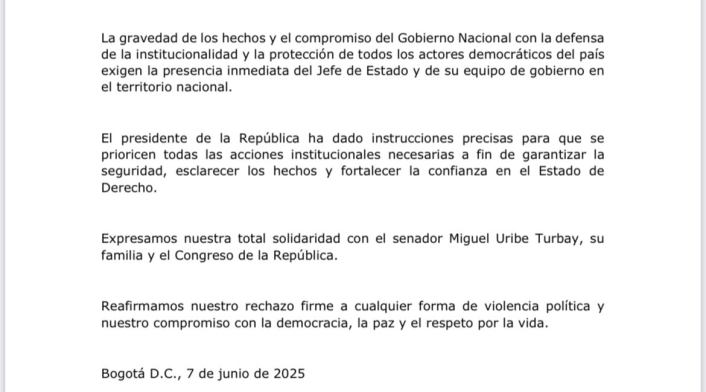 Comunicado del Gobierno tras atentado contra Miguel Uribe