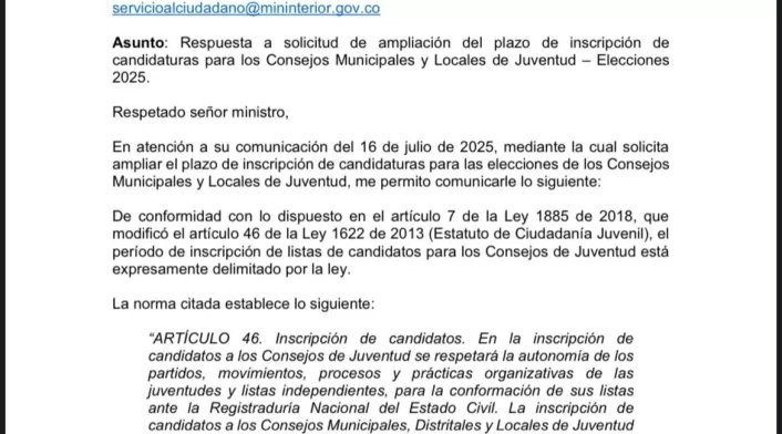 Comunicado de la Registraduría Nacional en que aclaran que ampliar el plazo para la inscripción de candidaturas a los Consejos Municipales y Locales de Juventud no es competencia de la entidad.