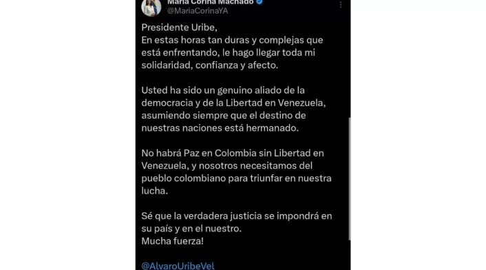 María Corina Machado sobre caso de Uribe María Corina Machado sobre caso de Uribe