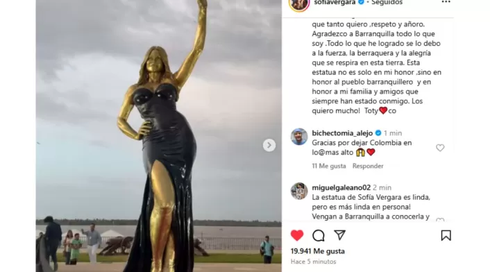 Sofía Vergara destacó que la escultura representa no solo su historia, sino la de los barranquilleros en general. Sofía Vergara destacó que la escultura representa no solo su historia, sino la de los barranquilleros en general.
