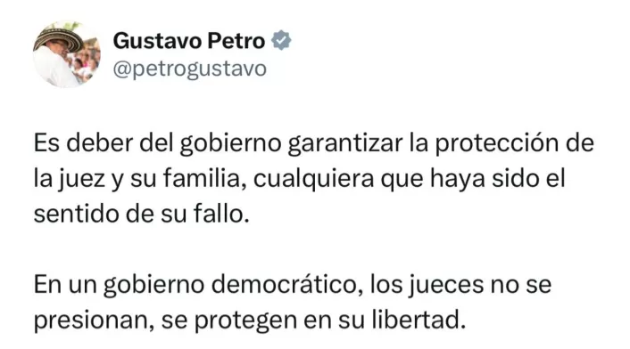 Petro afirma que el Gobierno debe garantizar la protección de la juez del caso Uribe Petro afirma que el Gobierno debe garantizar la protección de la juez del caso Uribe