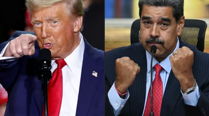 Combo de imágenes de AFP del presidente de Estados Unidos, Donald Trump, y el de Venezuela, Nicolás Maduro, ambos en posturas desafiantes.