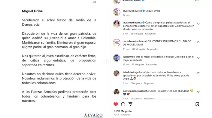 Palabras de Álvaro Uribe a Miguel Uribe Palabras de Álvaro Uribe a Miguel Uribe
