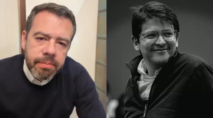 Mosaico con una captura de pantalla de un video publicado por el alcalde de Bogotá, Carlos Fernando Galán, y con una imagen a blanco y negro del senador Miguel Uribe Turbay.