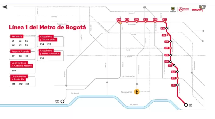 Este es el mapa de las 16 estaciones confirmadas hasta el momento por la Alcaldía de Bogotá Este es el mapa de las 16 estaciones confirmadas hasta el momento por la Alcaldía de Bogotá