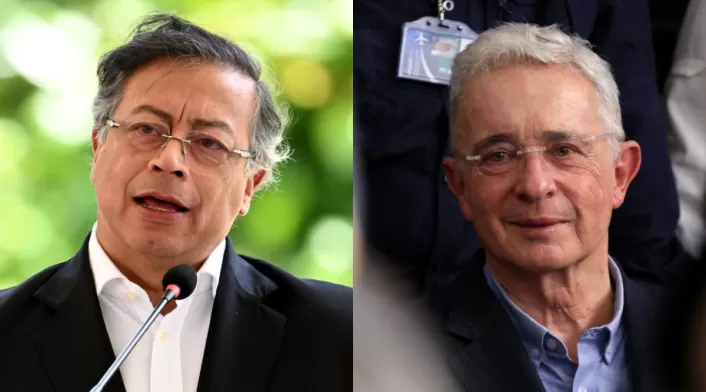 Combo de imágenes del presidente Gustavo Petro y el expresidente Álvaro Uribe