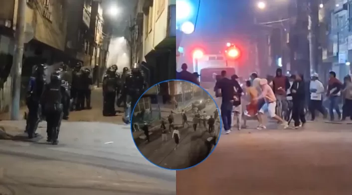 Capturas de pantalla de diferentes videos que muestran un enfrentamiento entre encapuchados y la Undmo en Bilbao, Suba.