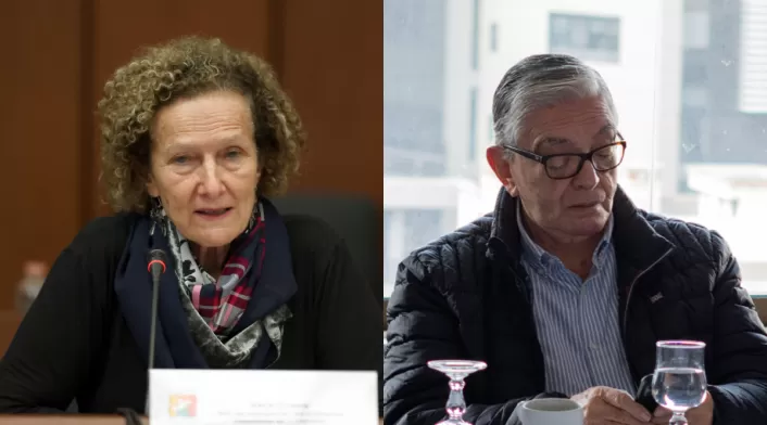 Combo de imágenes de la jefa negociadora del Gobierno con el ELN, Vera Grabe, y el miembro del equipo negociador con las disidencias Fabio Valencia Cossio