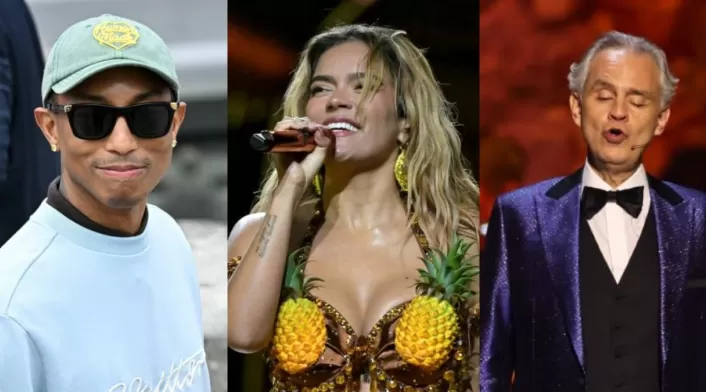 Pharrell Williams, Karol G y Andrea Bocelli Pharrell Williams, Karol G y Andrea Bocelli
