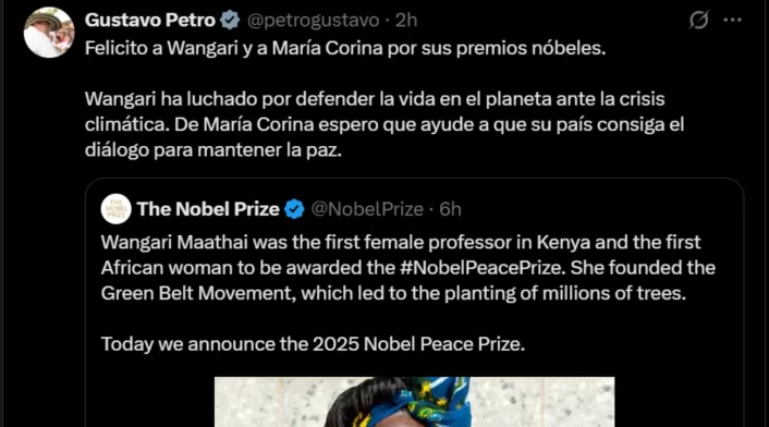 Gustavo Petro sobre nobel a María Corina Machado Gustavo Petro sobre nobel a María Corina Machado