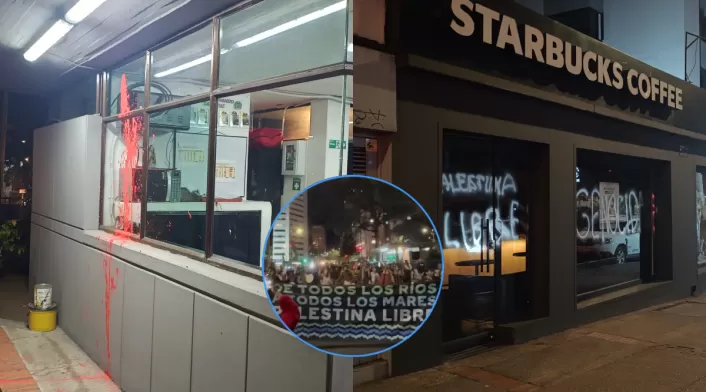 Combo de imágenes de un CAI de la Policía, un local comercial y las protestas por Palestina, en la calle 72 de Bogotá