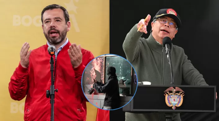 Combo de imágenes de Carlos Fernando Galán, Gustavo Petro y un vándalo en Bogotá
