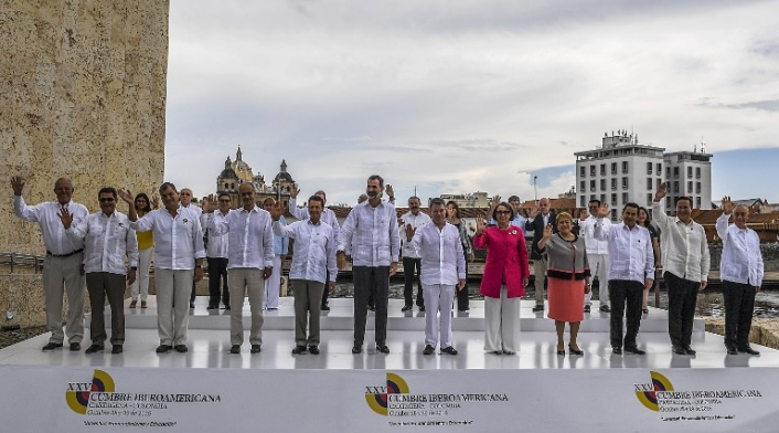 Ibero American presidents attend pose for the family photo during the XXV Ibero-American Summit in Cartagena, Colombia, on Oc...