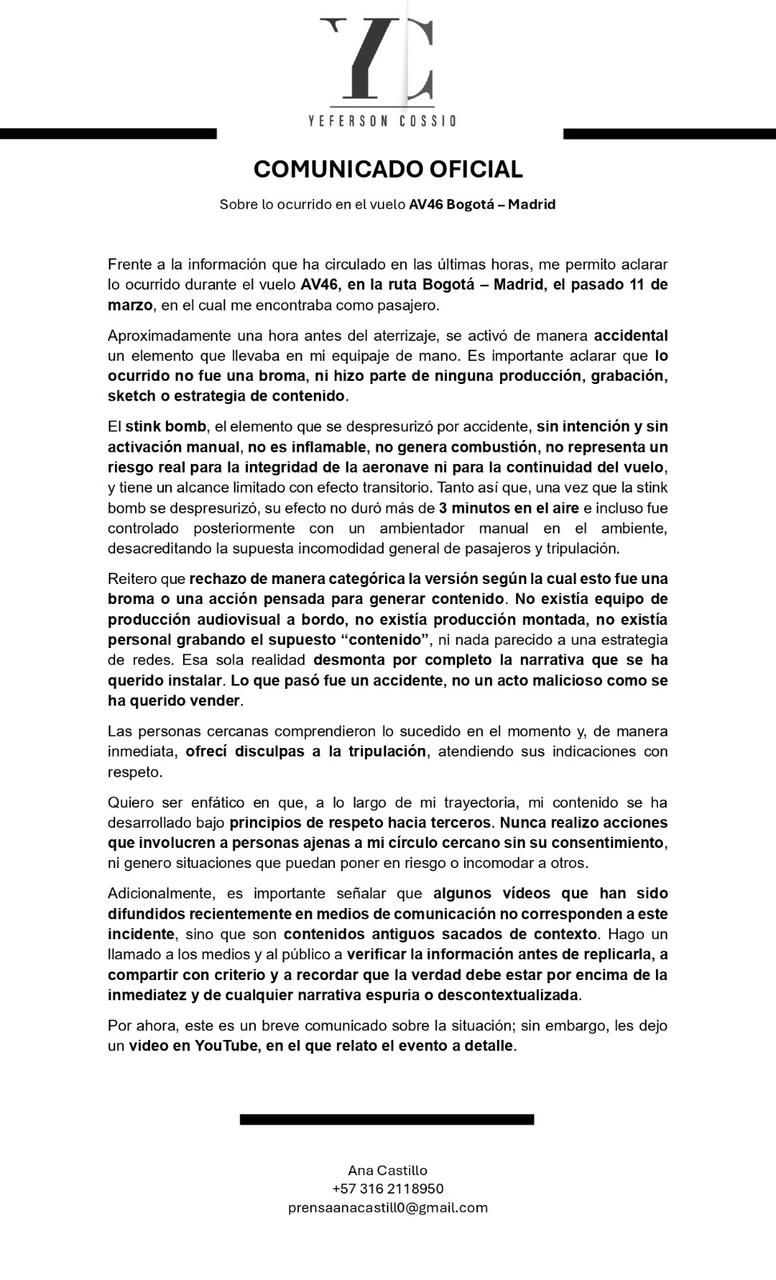Comunicado de Yeferson Cossio