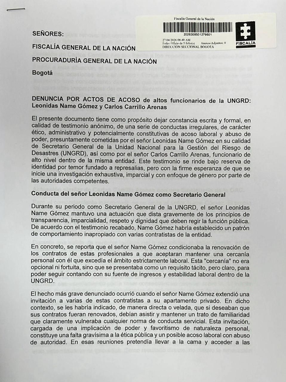 Leonidas Name Gómez fue denunciado ante la fiscalía por supuestos comportamientos irregulares hacia varias contratistas durante su permanencia en el cargo como secretario general.