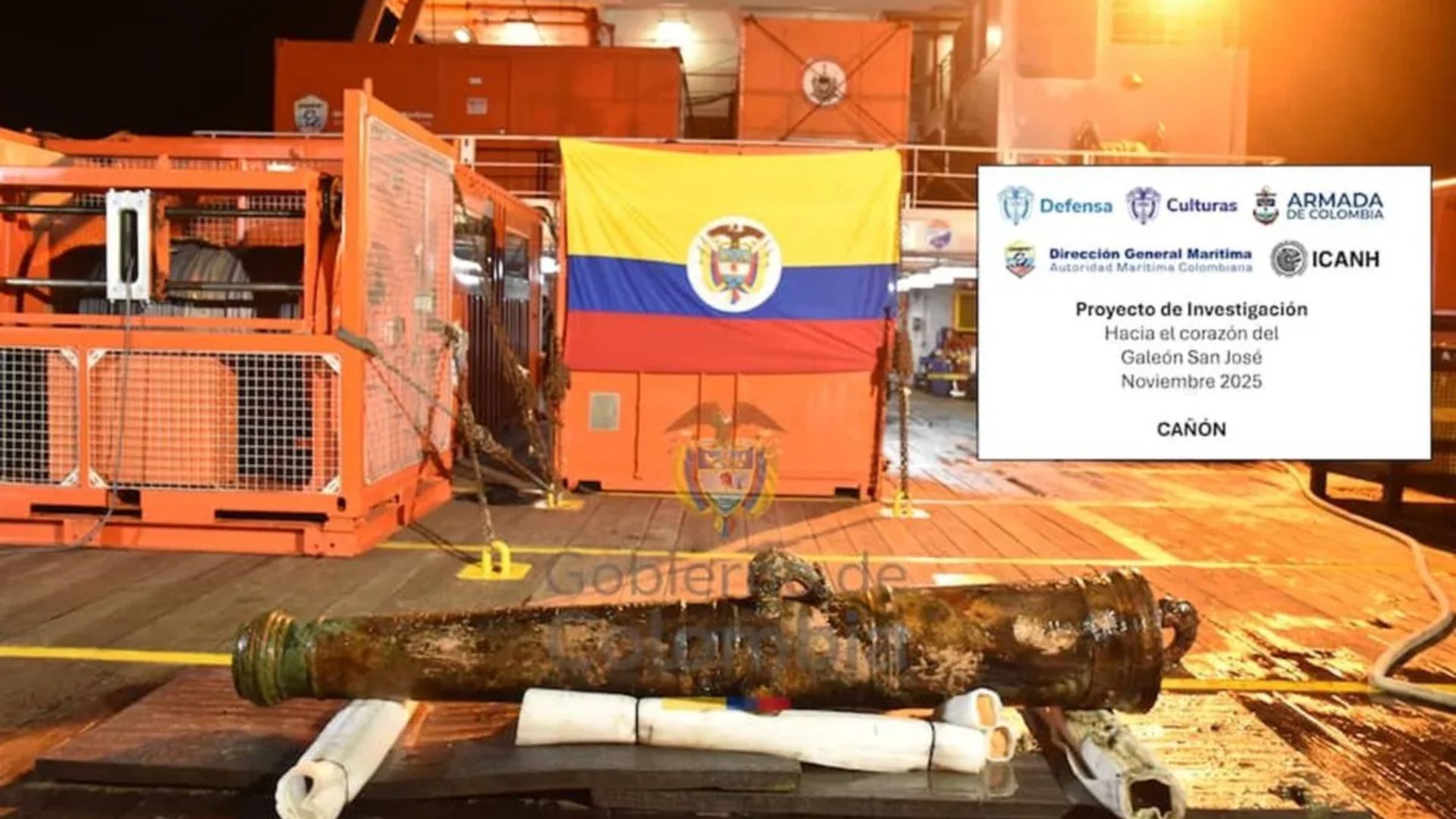 Cañón encontrado en el Galeón Sán José.