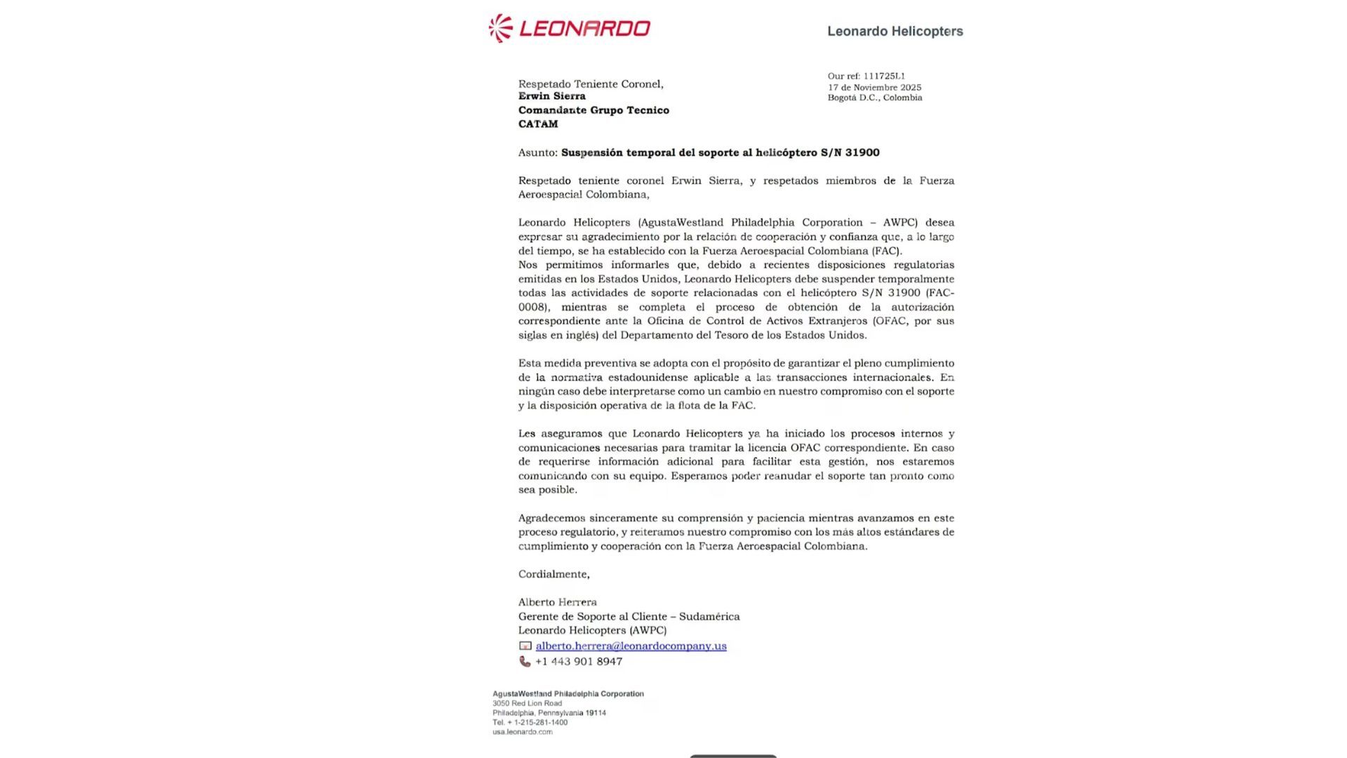 Carta de Leonardo Helicopters por la suspensión de soporte al helicóptero de Petro tras estar en la Lista Clinton