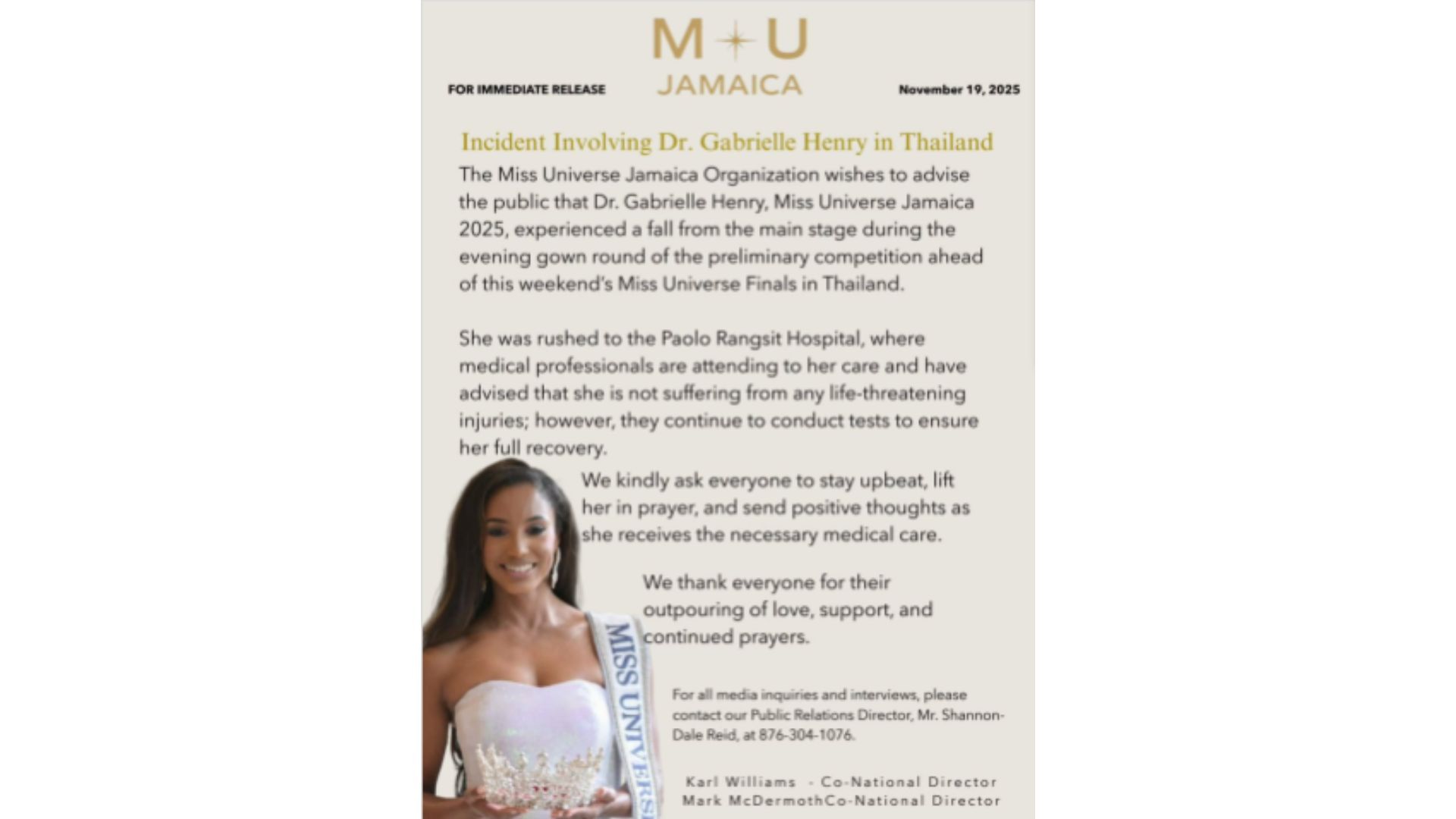 Caída Miss Jamaica en certamen -primer parte médico