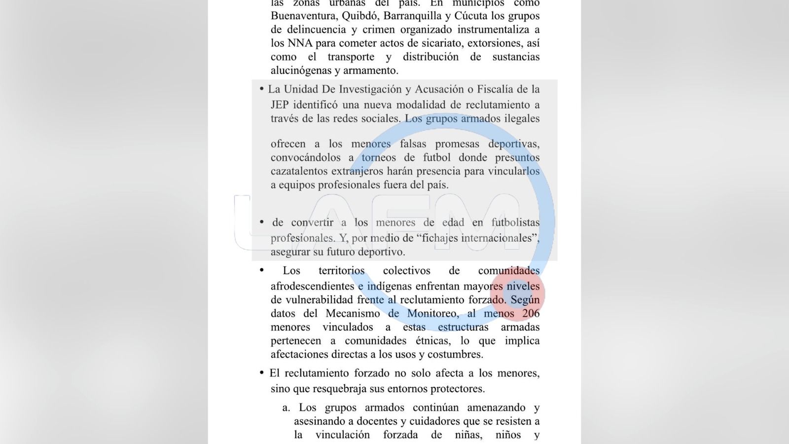 Informe de la Fiscalía de la JEP sobre reclutamiento y los cazatalentos del Fútbol 