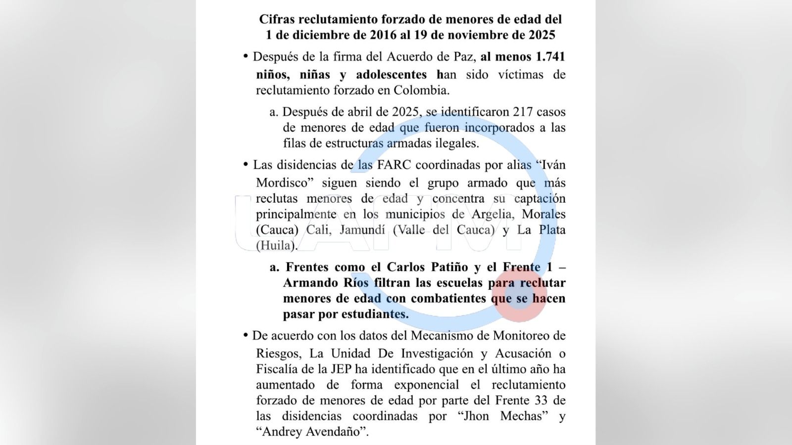 Informe Fiscalía de la JEP sobre aumento de casos de reclutamiento después del Acuerdo de Paz