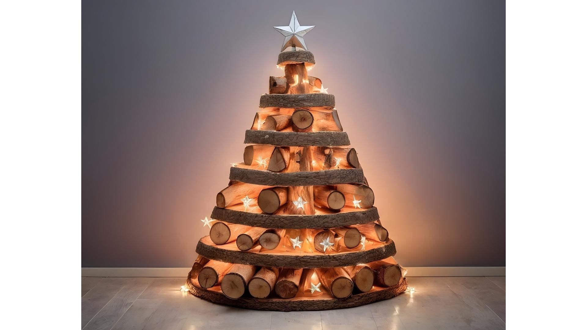 Modelo en listones de madera sin luces que funciona como alternativa minimalista para la temporada.