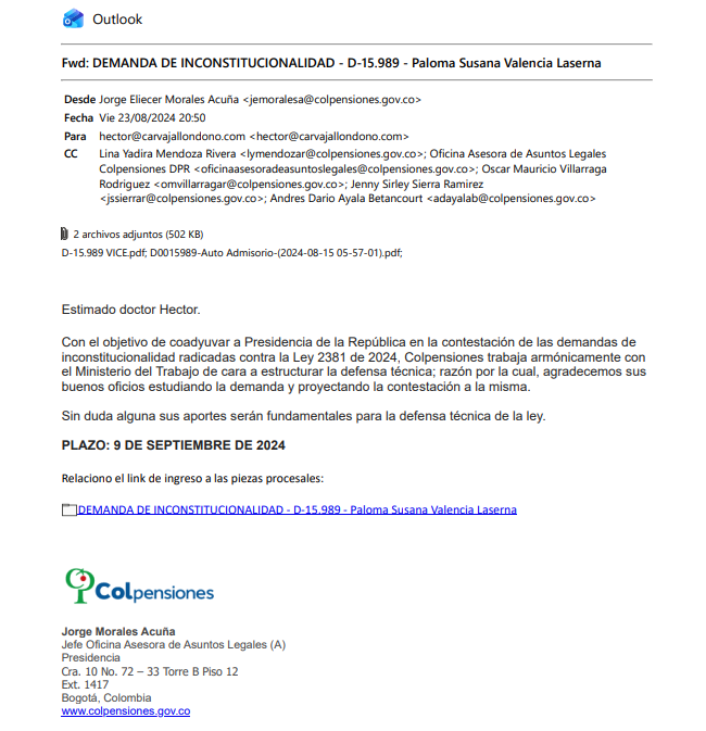 Correo de Colpensiones para Héctor Carvajal, de agosto de 2024