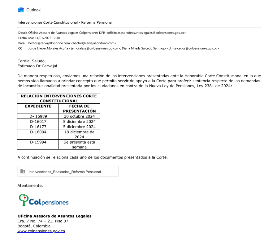 Conceptos que Colpensiones le ha enviado a la Corte Constitucional por las demandas contra la reforma pensional
