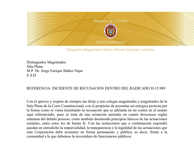 Carta en la que Héctor Carvajal protesta por la recusación en su contra