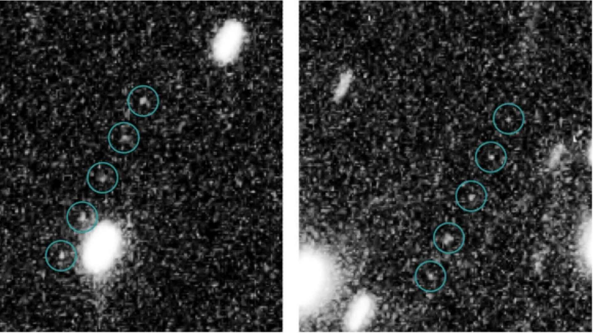 Estas imágenes de exposición múltiple del Hubble muestran dos objetos del cinturón de Kuiper frente al fondo estelar de Sagitario, ubicados a unos 6.400 millones de kilómetros de la Tierra.