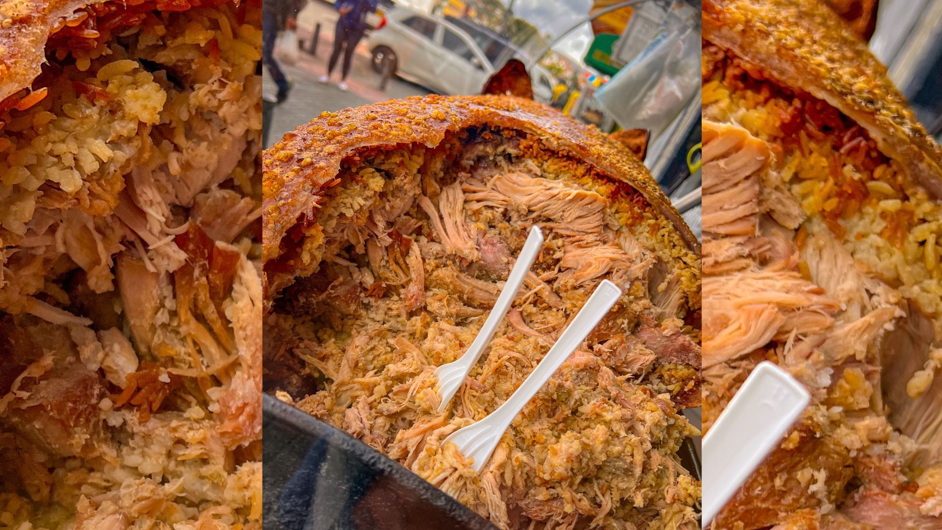 Corte jugoso de lechona tolimense: mezcla visible de carne y arveja cocida que define su textura tradicional.