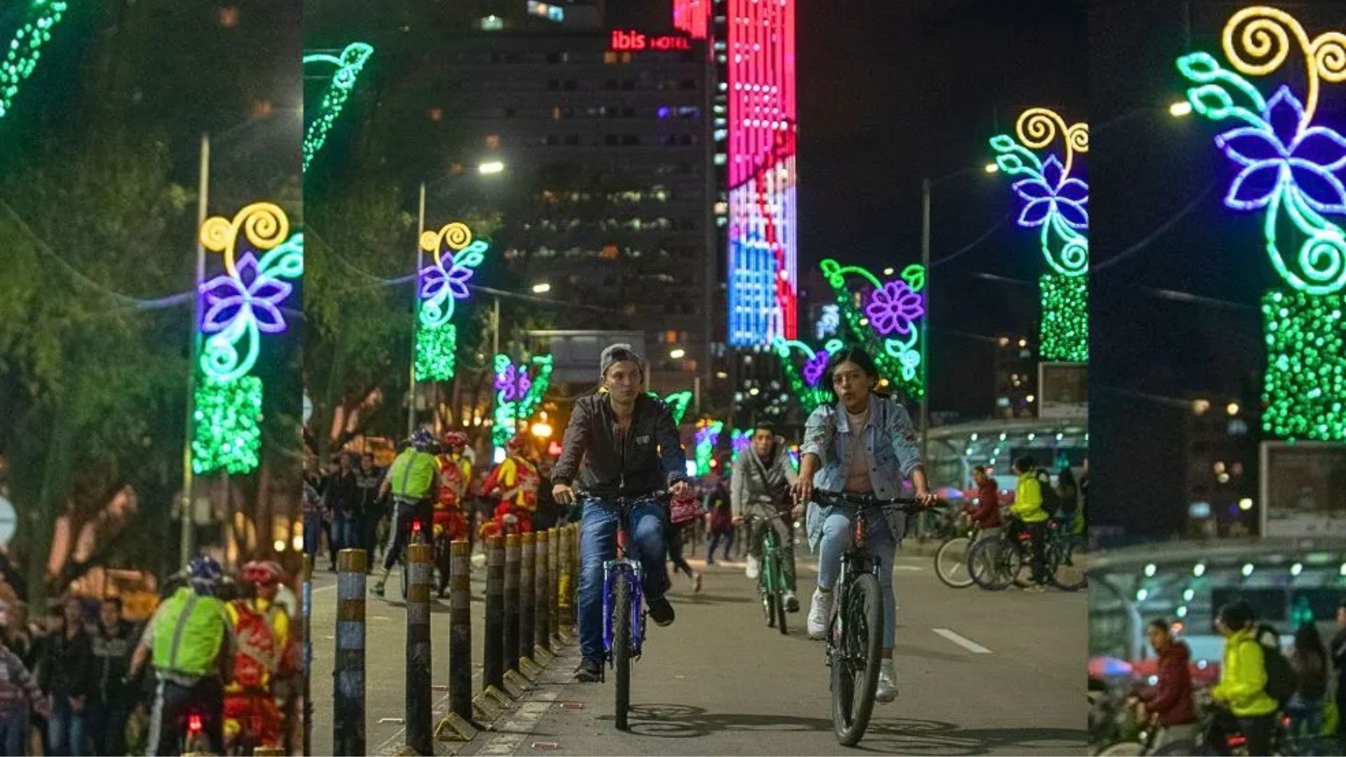 Ciclovía nocturna en Bogotá en época decembrina.