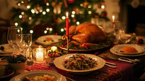 Ensalada navideña servida sobre hojas verdes, lista para acompañar la cena de Nochebuena.