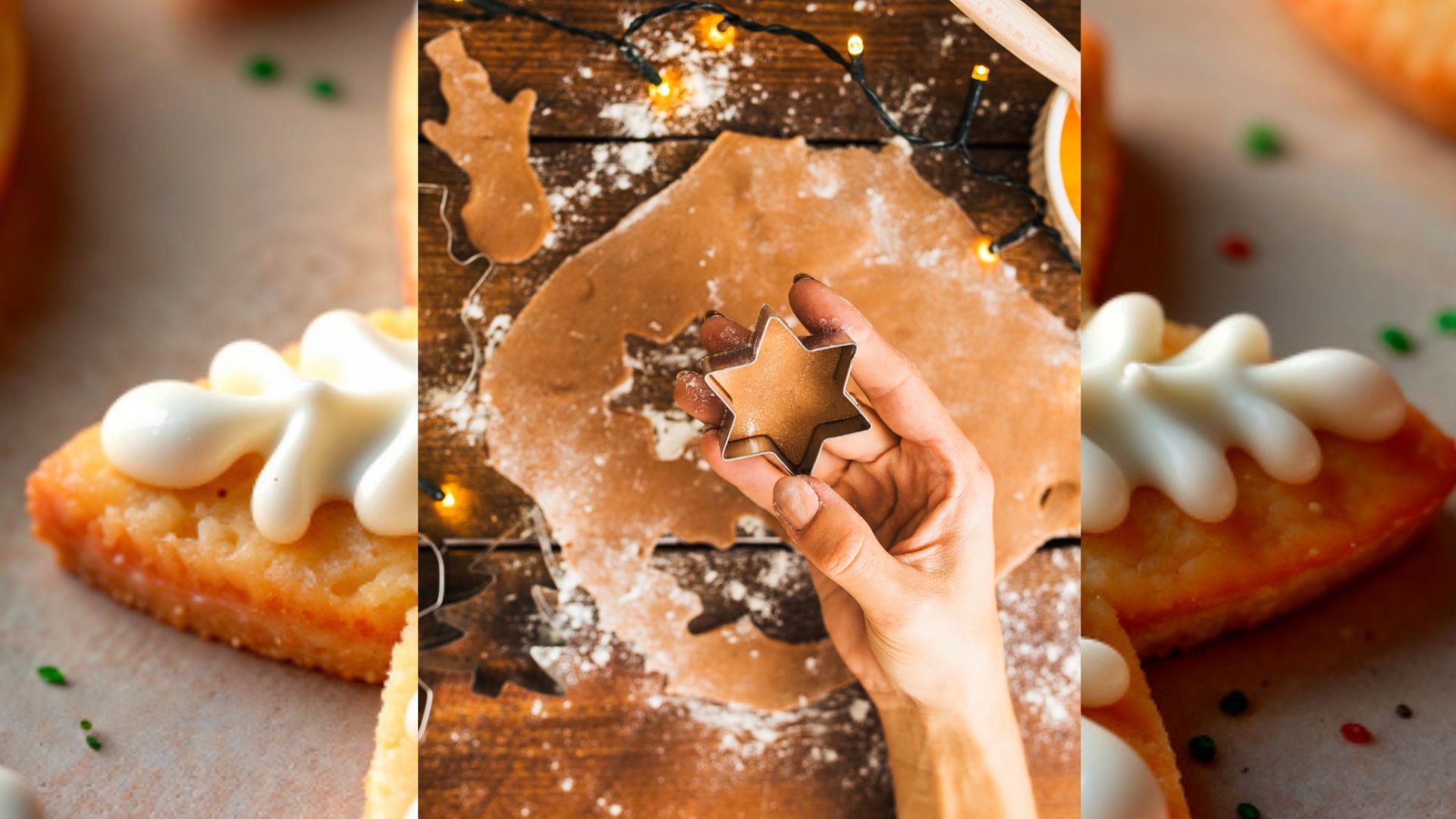 Masa de galletas navideñas lista para cortar con moldes festivos.