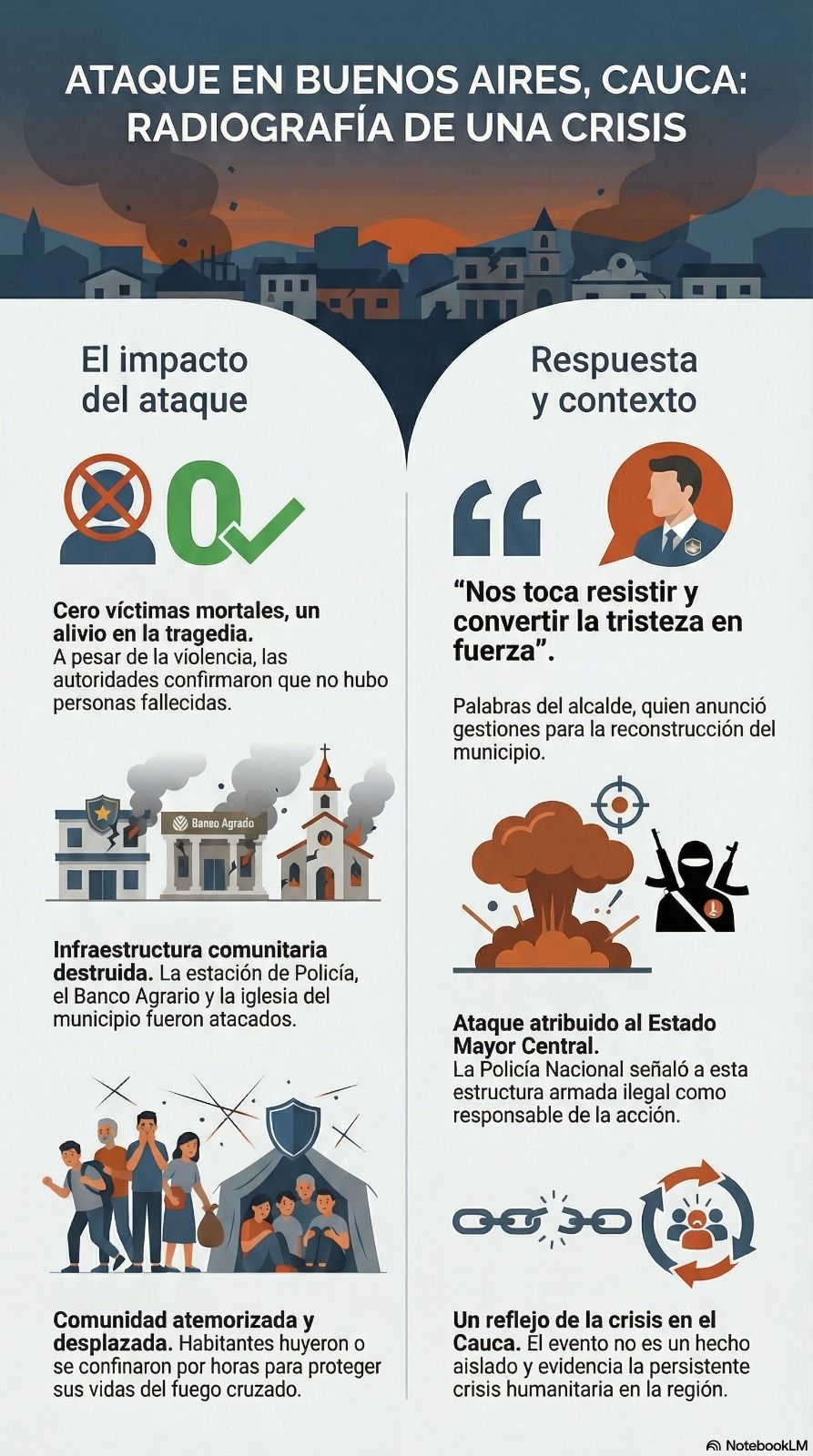 Infografía sobre la situación en Buenos Aires, Cauca. 