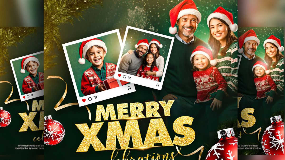 Gemini permite unir varias fotos en una sola imagen con fondo y mensaje navideño.