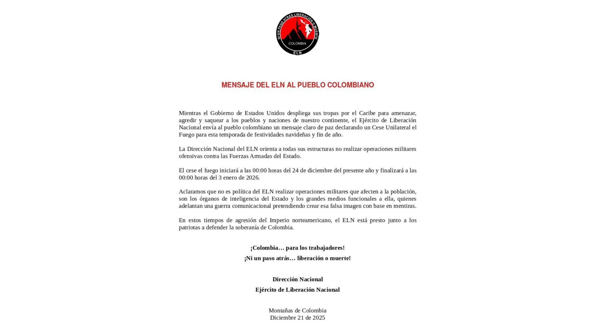 Cese al fuego del ELN en Navidad y fin de Año