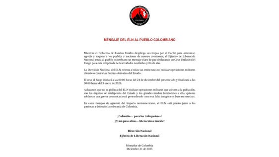 Cese al fuego del ELN en Navidad y fin de Año