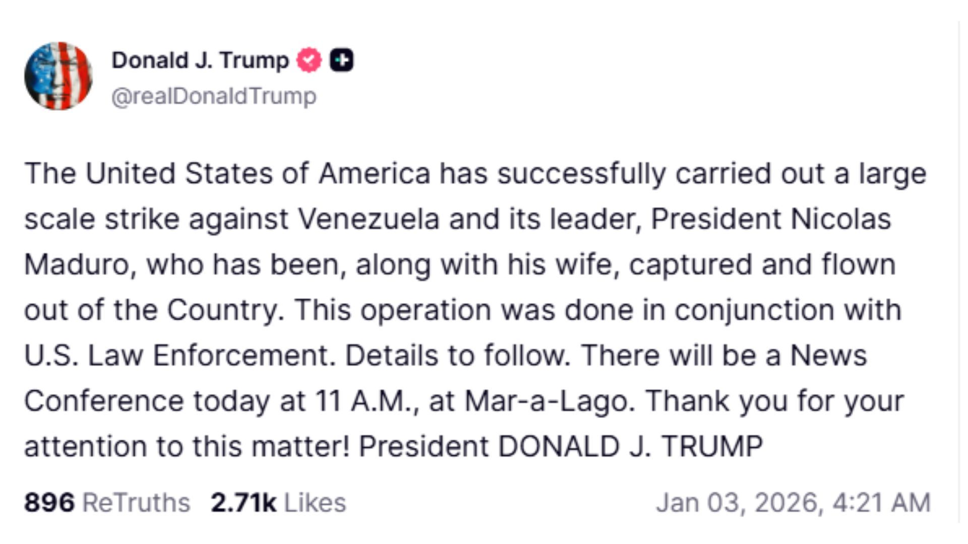 Donald Trump confirma la captura de Nicolás Maduro