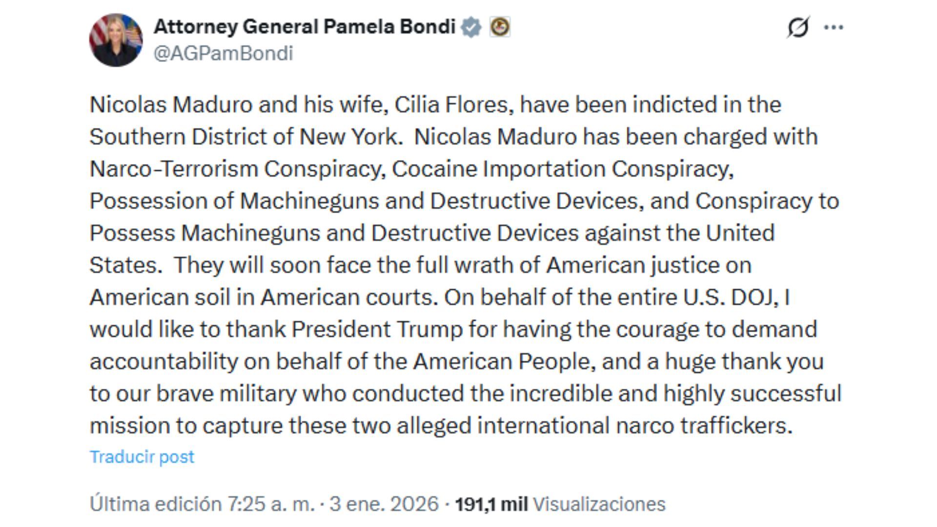 Attorney General Pamela Bondi sobre cargos de Nicolás Maduro
