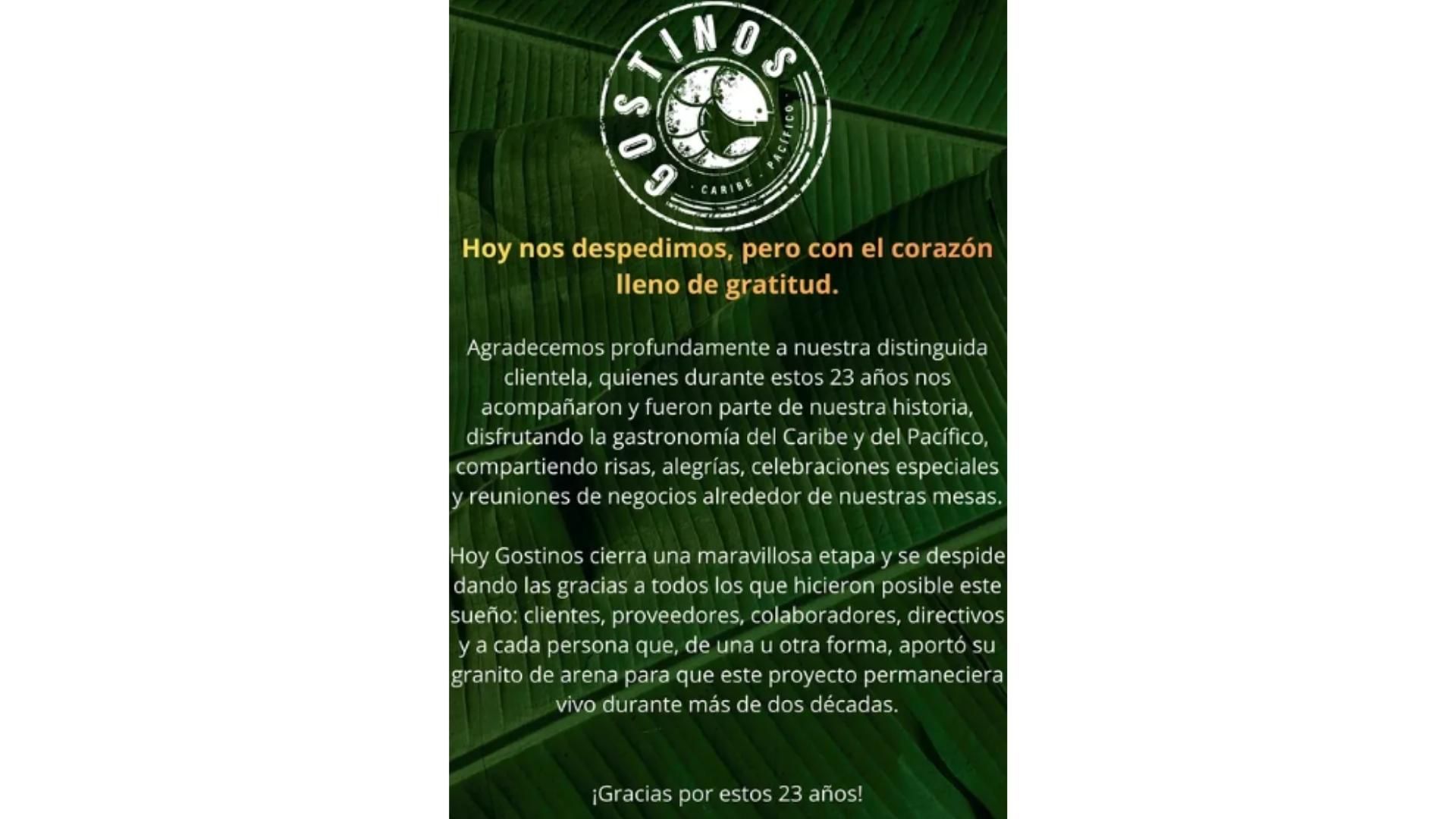 Mensaje de despedida publicado por el establecimiento para agradecer a clientes y colaboradores.