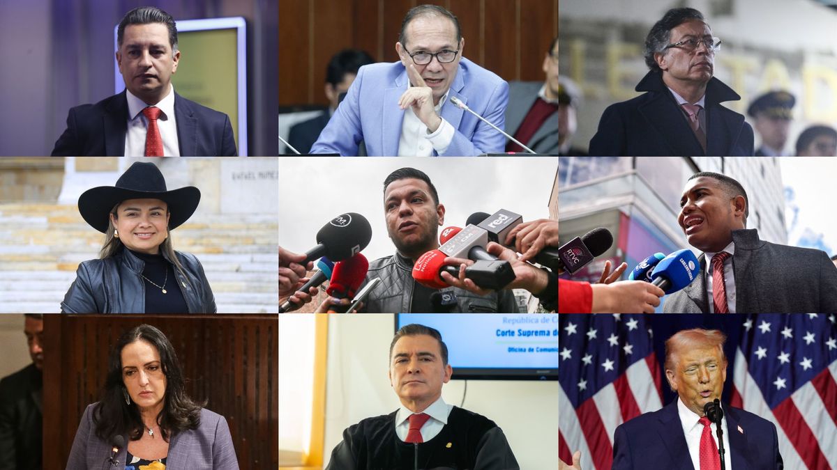 El ministro de Justicia, Andrés Idárraga; el ministro de Trabajo, Antonio Sanguino; el presidente Gustavo Petro; la representante Lina Garrido; el senador Jota Pe Hernández; el representante Miguel Polo Polo; la senadora María Fernanda Cabal; el magistrado César Reyes, presidente de la Sala de Instrucción, y el presidente Donald Trump.