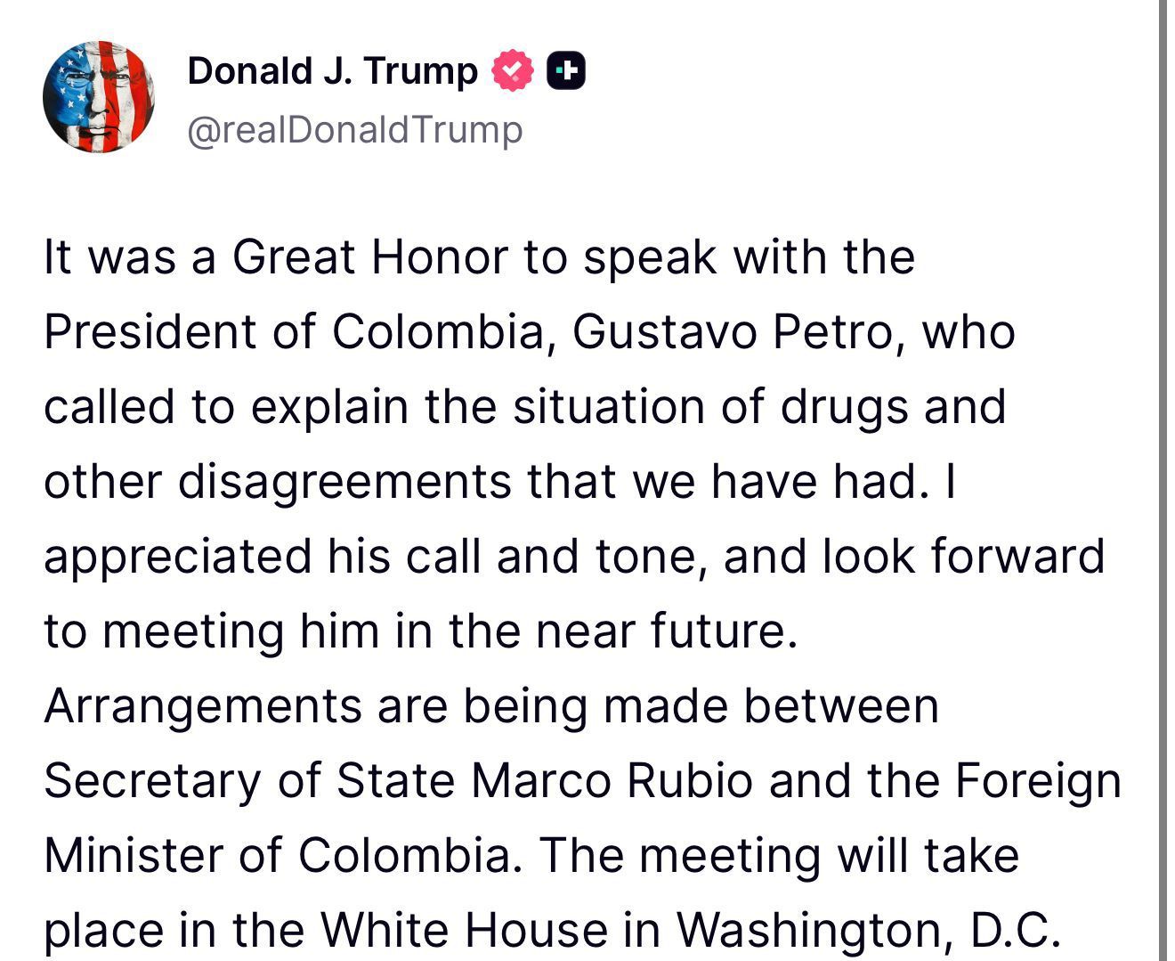 Trump confirmó que se reunirá presencialmente con Gustavo Petro.