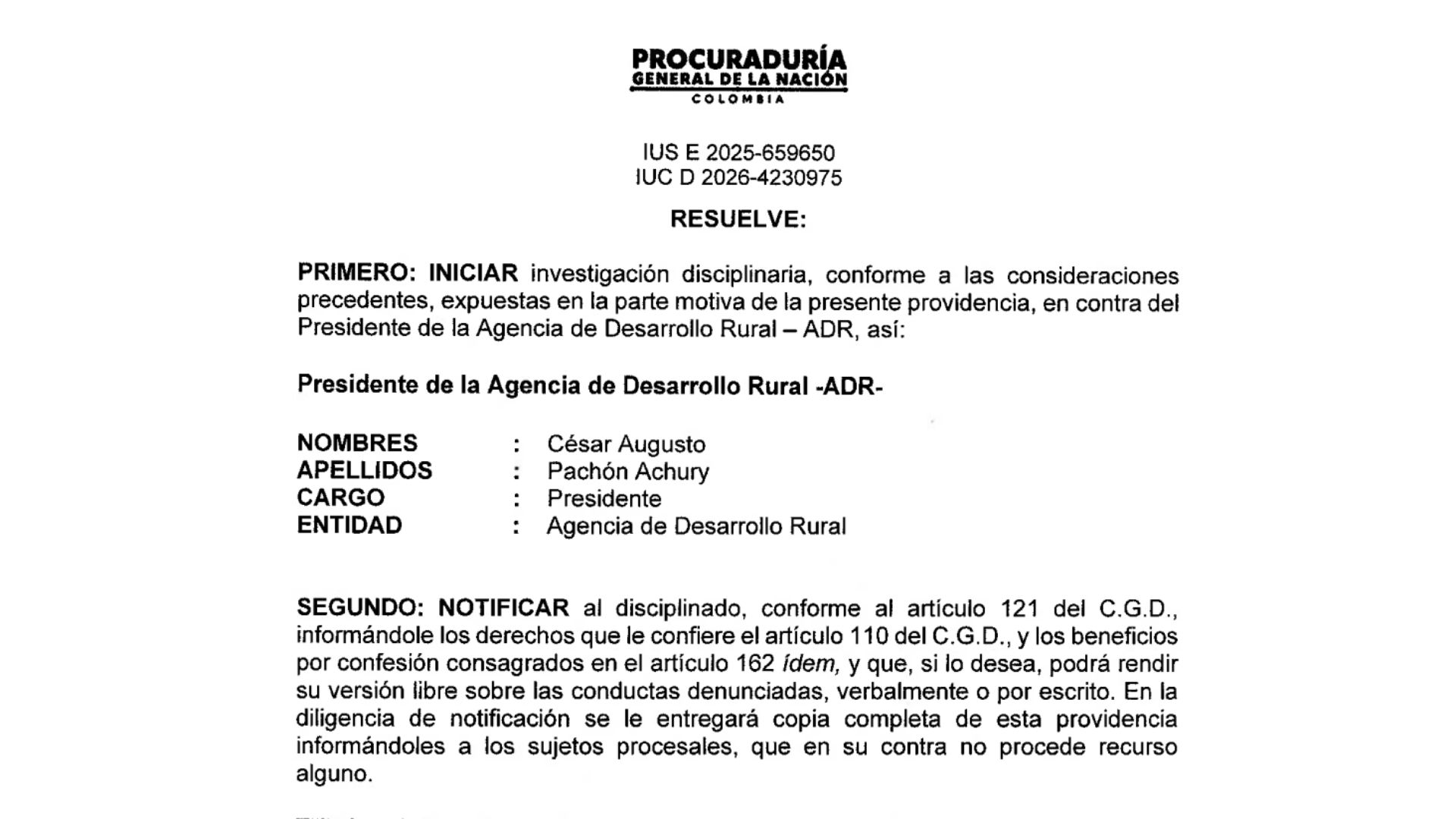 Con un auto de nueve páginas, el Ministerio Público abrió una investigación disciplinaria contra César Pachón y decretó varias pruebas para avanzar en el proceso.