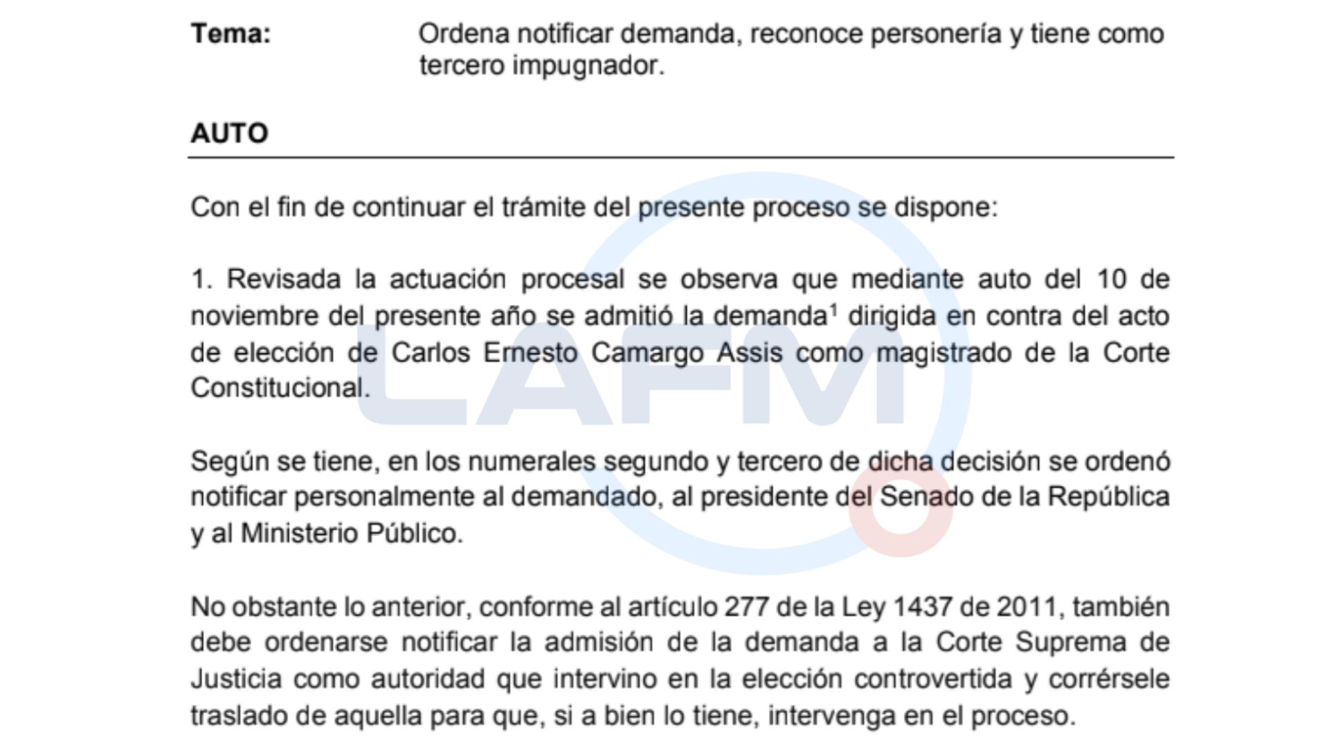 Auto que le pide a la Corte Suprema pronunciarse sobre Carlos Camargo. 
