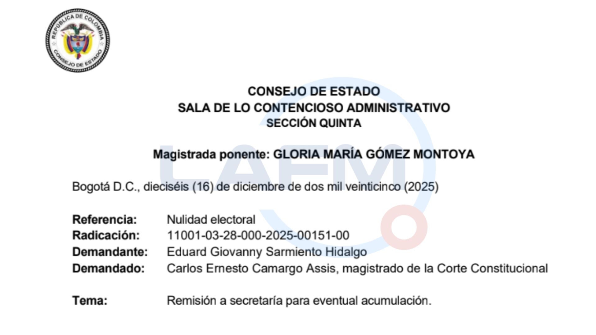 Auto de acumulación de procesos contra el magistrado Carlos Camargo.